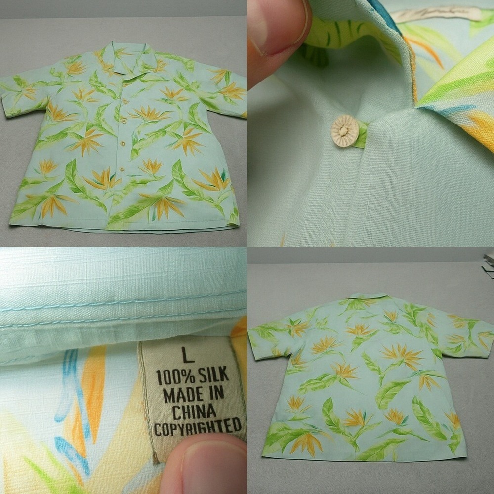 Tommy Bahama Silk Shirt Men Large Light Blue Holographic Floral Loop Collar